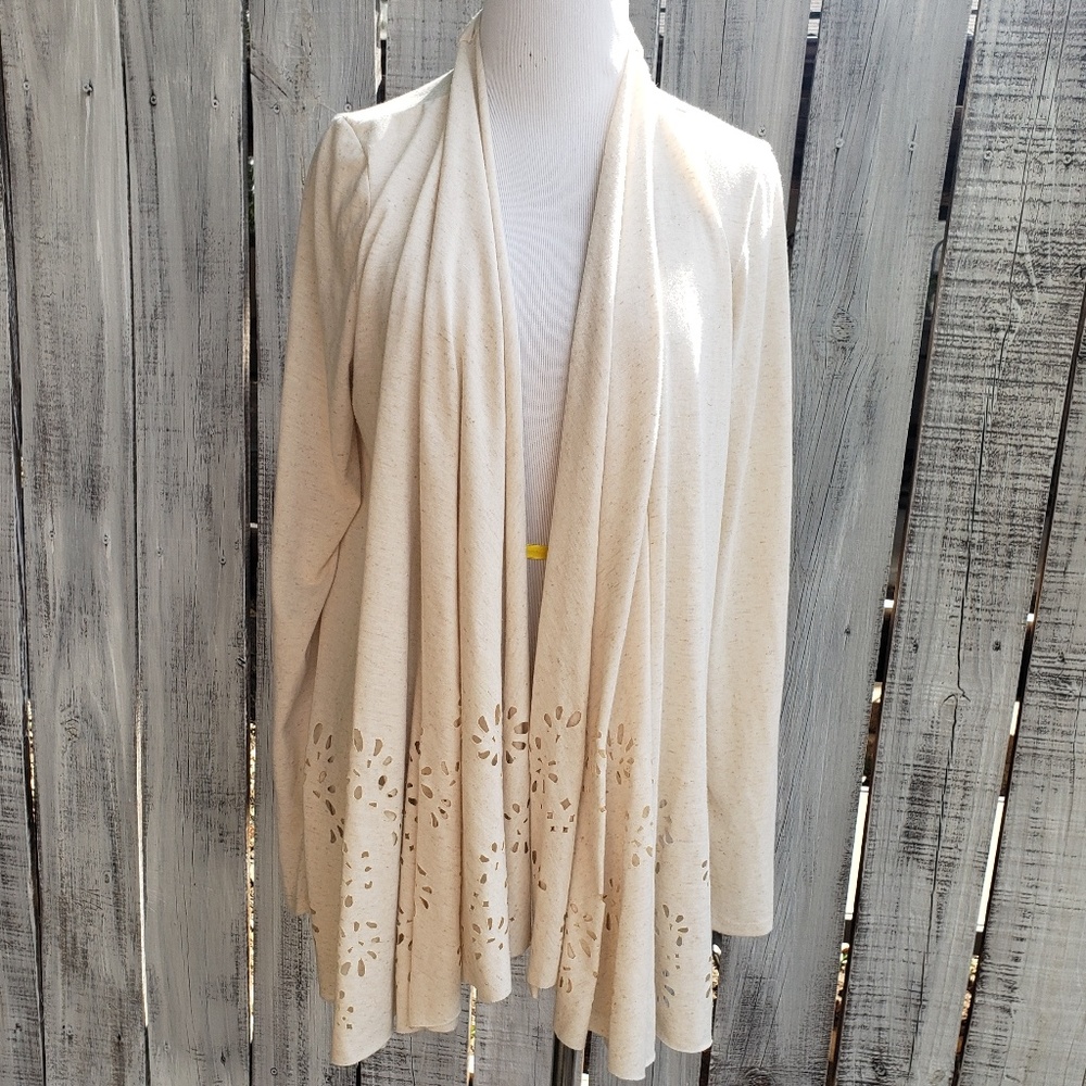 Meadow Rue M Laser Cut Open Front Cardigan Cream